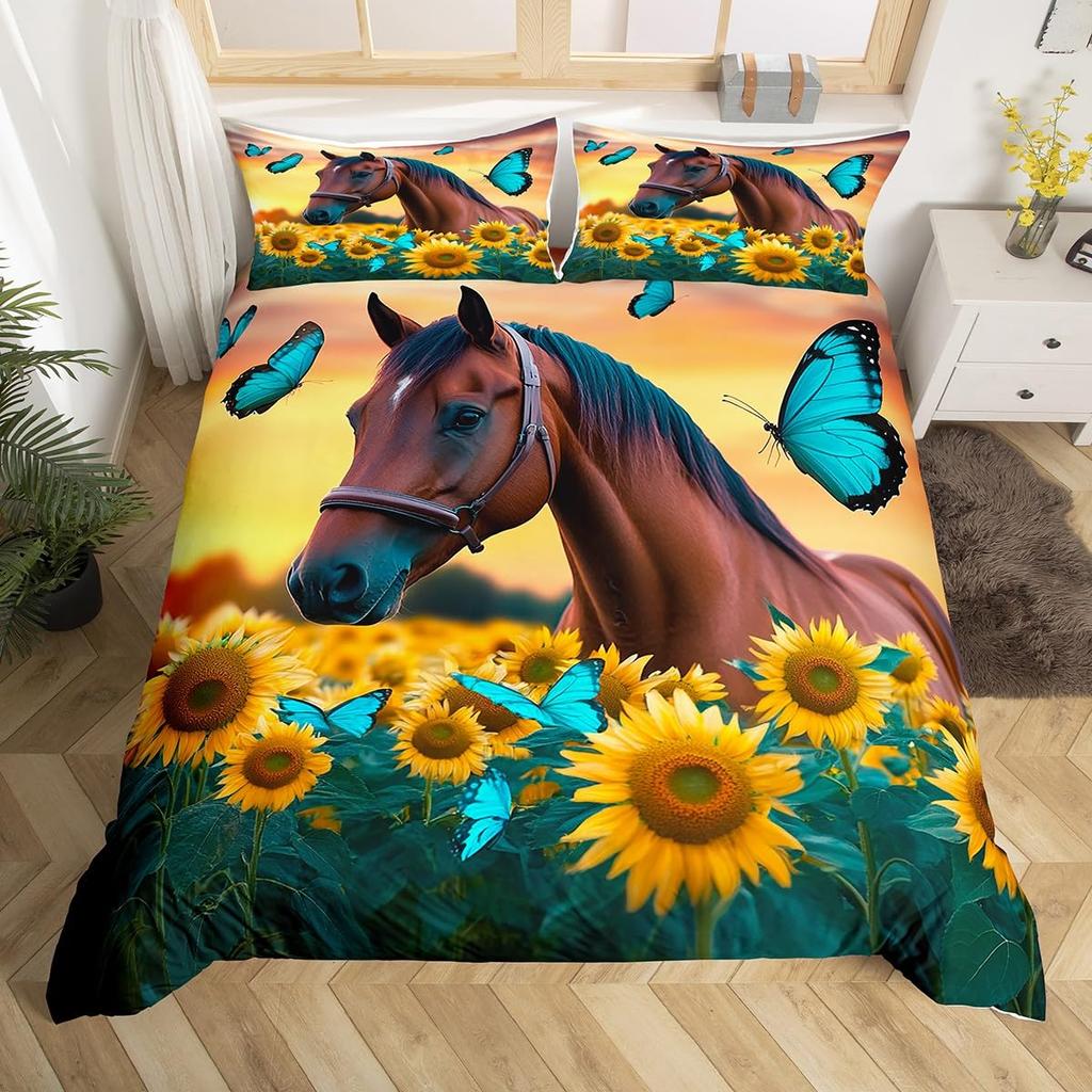 Horse Duvet Cover Western Cowboy Farmhouse Animal Bedding Set Soft Sunflower Floral Comforter Cover Twin Queen For Boys Girls