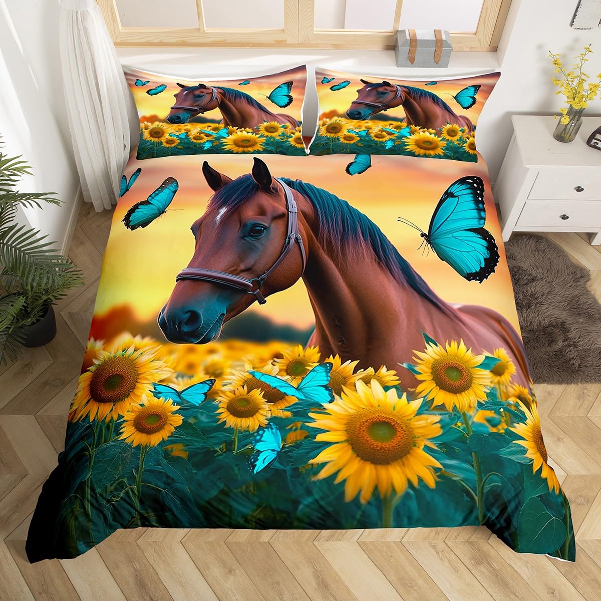 

Horse Soft Duvet Cover Western Cowboy Farmhouse Animal Beding Set Soft Sunflower Floral Warm Comforter Cover Twin Quen For Young Boys Young Girls 135*200cm Eu-Single