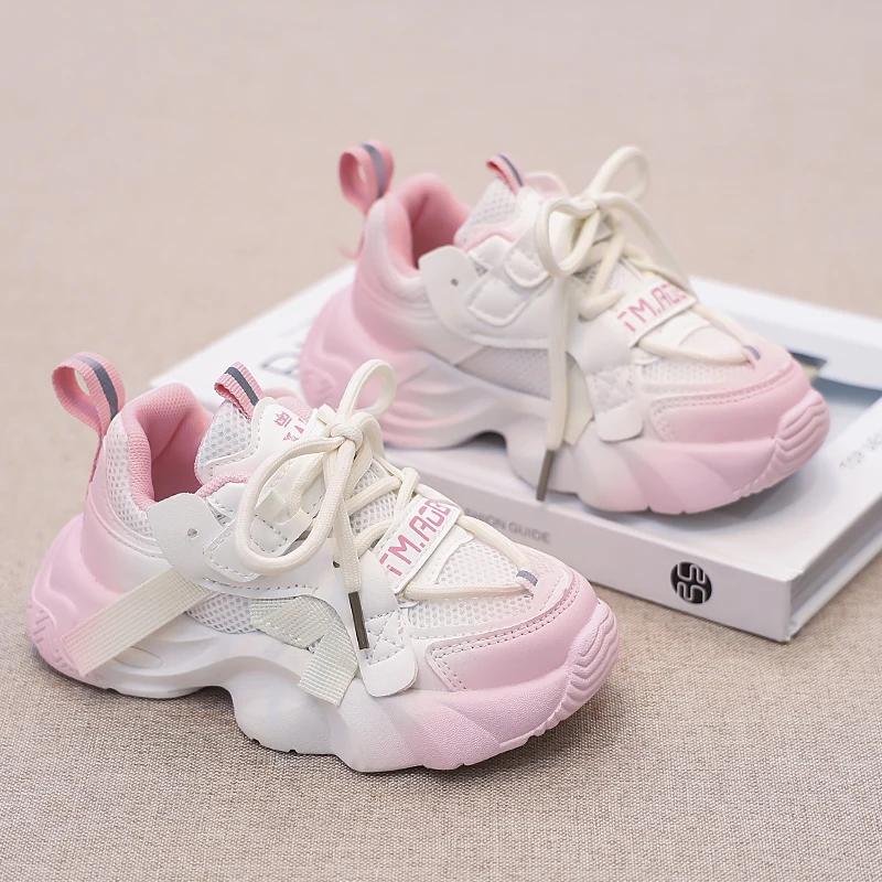

Kids Running Shoes Mesh Breathable Sports Shoes for Boys Girls Gradient Color 2024 New Children Sneakers Soft Sole Hook&loop 26 розовый