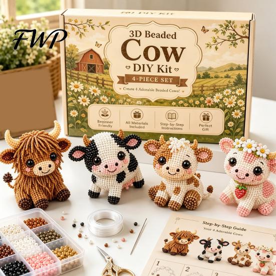 Kreativní sada pro řemeslný projekt 3D korálkovací sada, DIY ručně vyráběná sada korálkového umění, Roztomilá pro dospělé Krávy, Ptáci, Houby Korálkování pro začátečníky, nadšence,