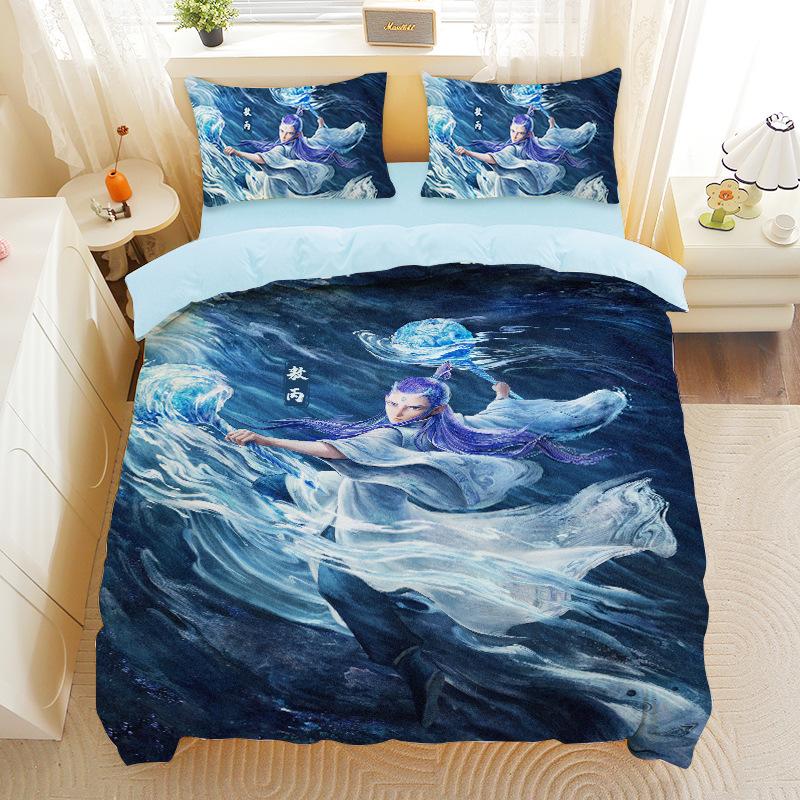 Nezha 2 Movie Three-piece Set Cartoon Quilt Cover Pillowcase Shen Gongbao Aobing Quilt Cover Sanded Pillowcase Bedding