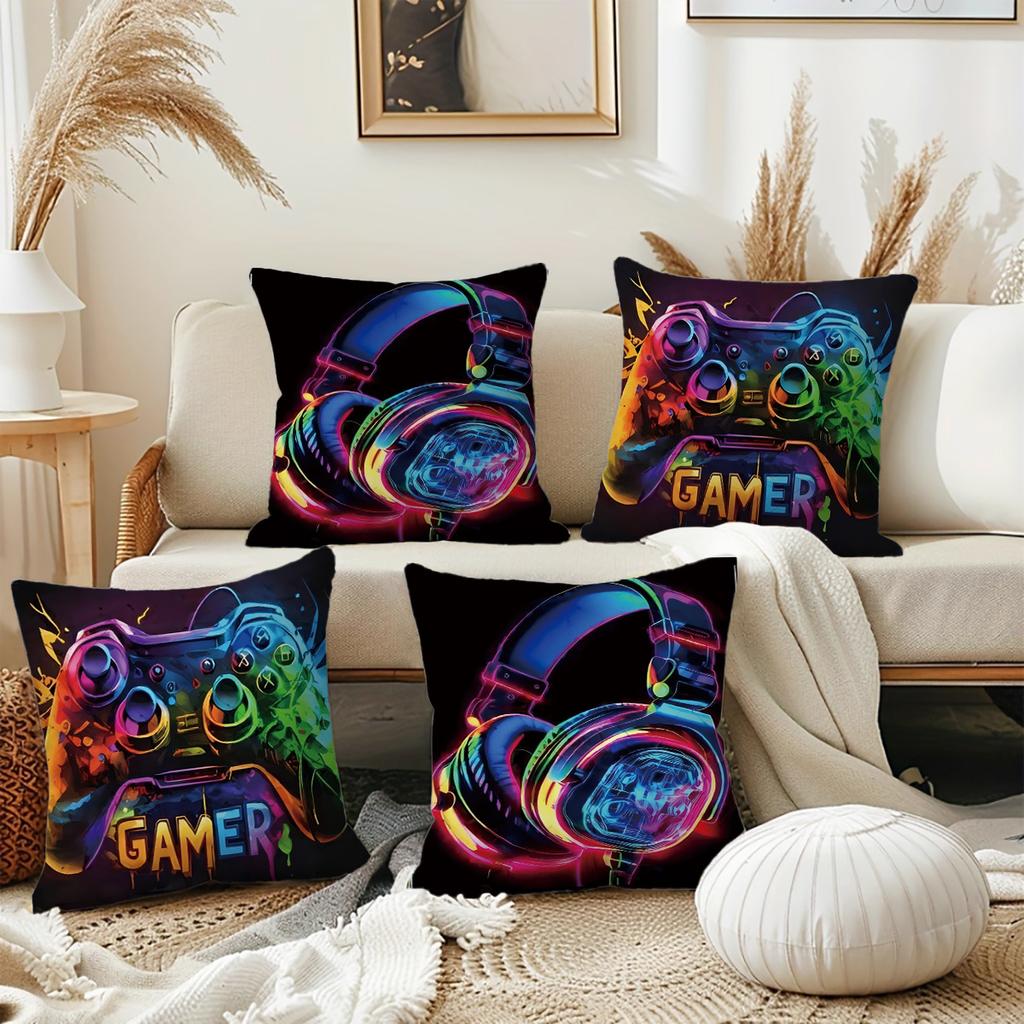 Set of 4, Gaming-Themed Pillow Covers Featuring Designs of Game Controllers And Headphones, Stylish And Trendy, Available In Multiple Sizes Including
