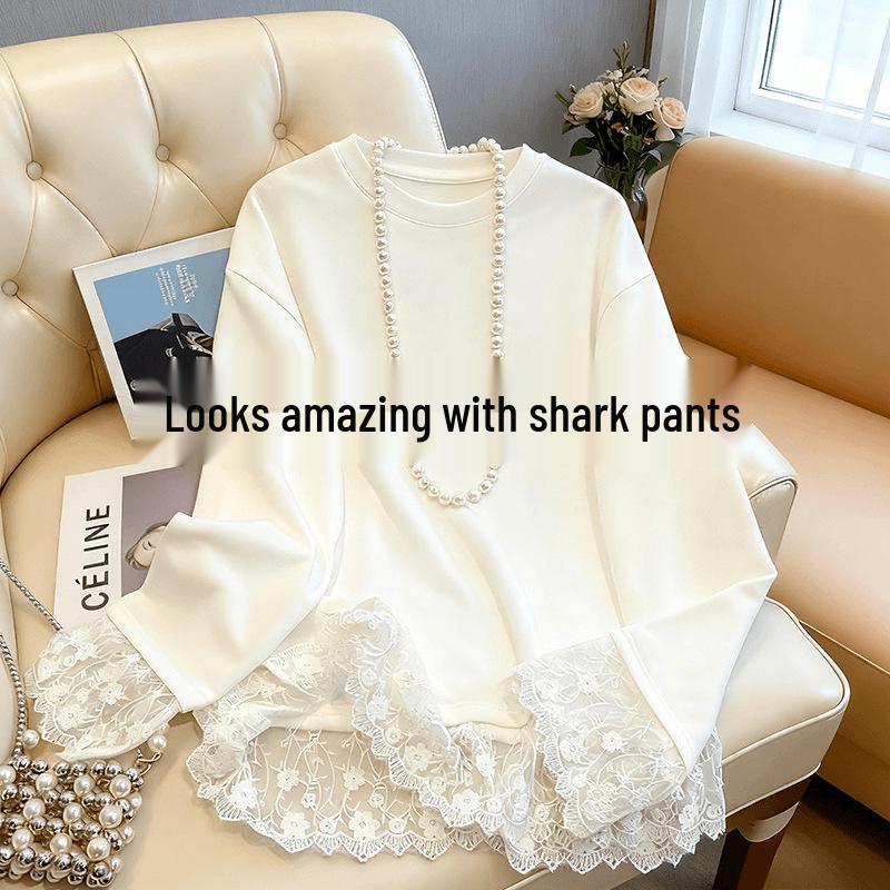 

Women s European-Style Fleece-Lined Long-Sleeve White T-Shirt: Mid-Length, Lace, Autumn/Winter, Versatile Hip-Covering Base Layer. L (for 100-115 jin)