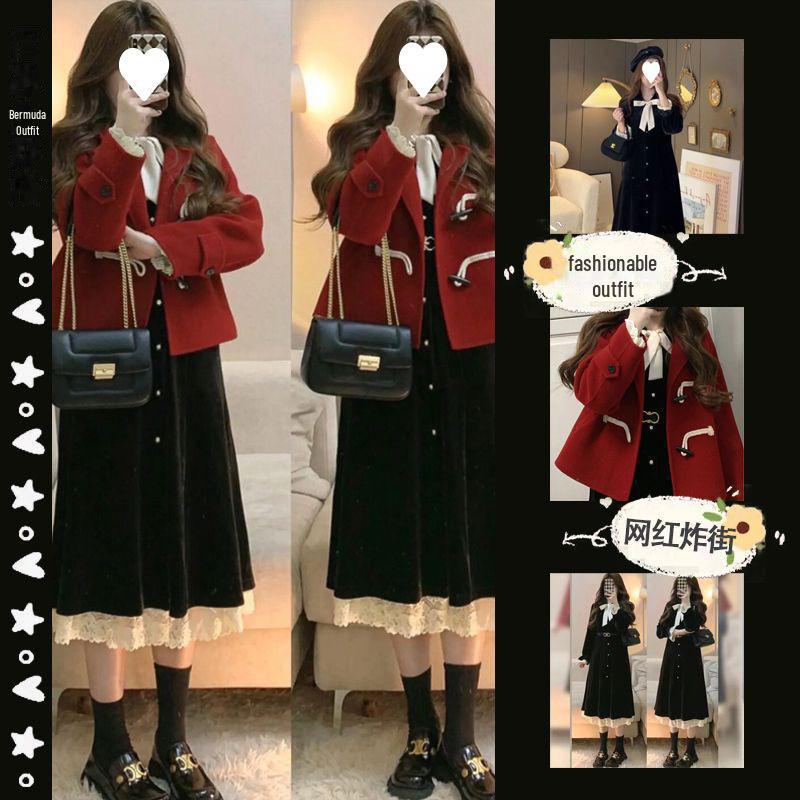 2023 Autumn/Winter Plus Size Women's Mid-Length Wool Coat and Dress Set