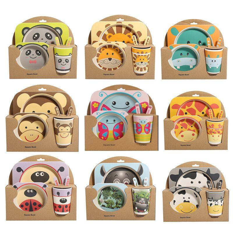 5 Pcs/Set Baby Dish Tableware Set Natural Bamboo Fiber Bowl with Cup Spoon Plate Fork Feeding Dishes