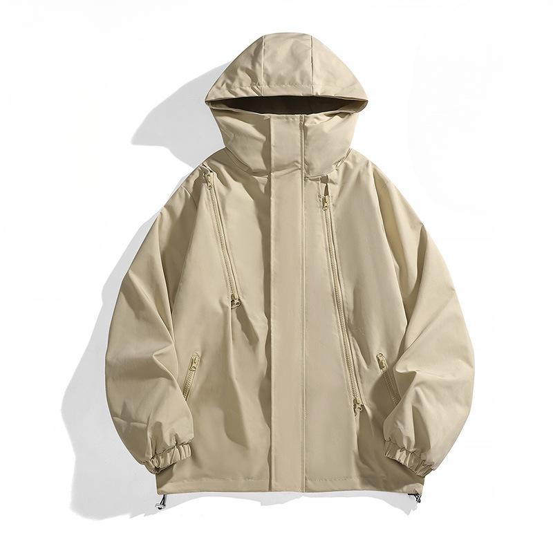 Giacca da lavoro giapponese a tinta unita con texture e multi-zip per primavera e autunno, giacca antivento e impermeabile con cappuccio da uomo