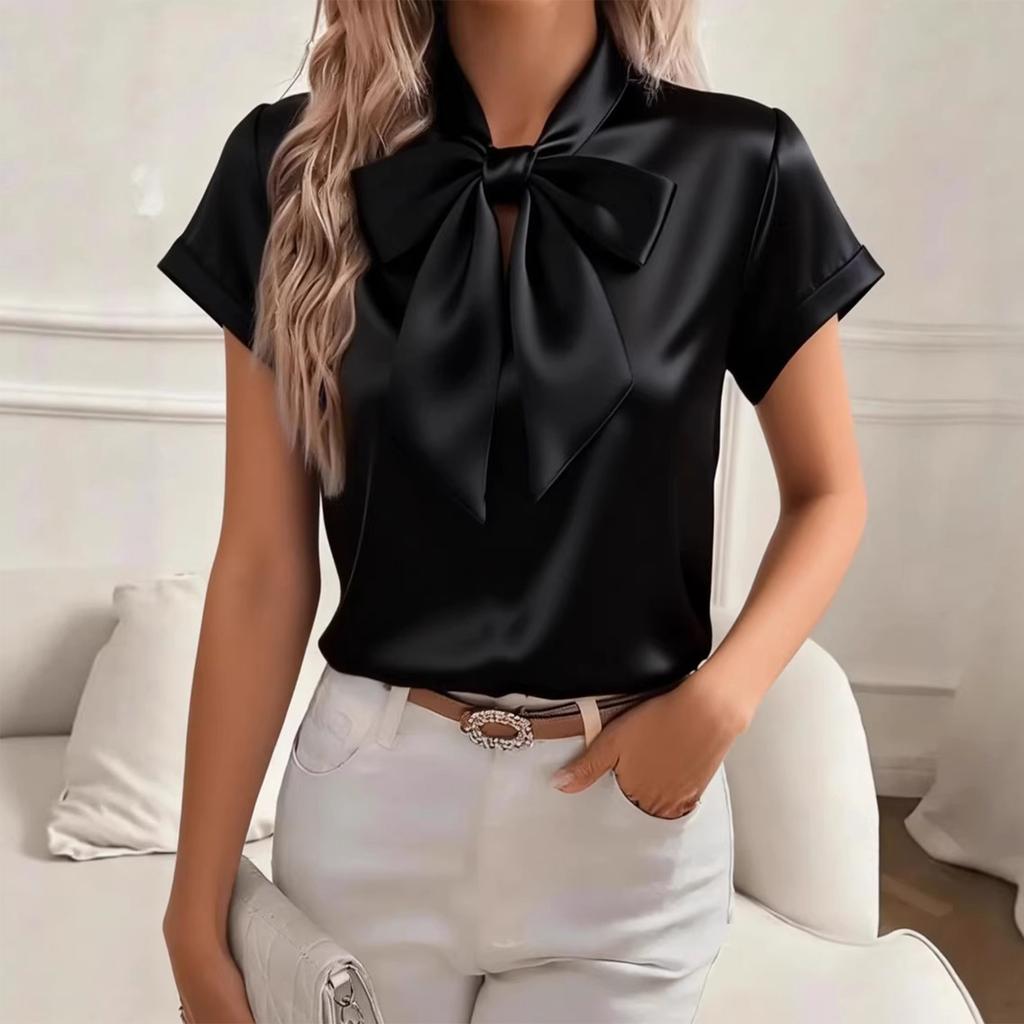 Women's Fashionable Color Round Neck Short Sleeved Bow Shirt Pullover Top