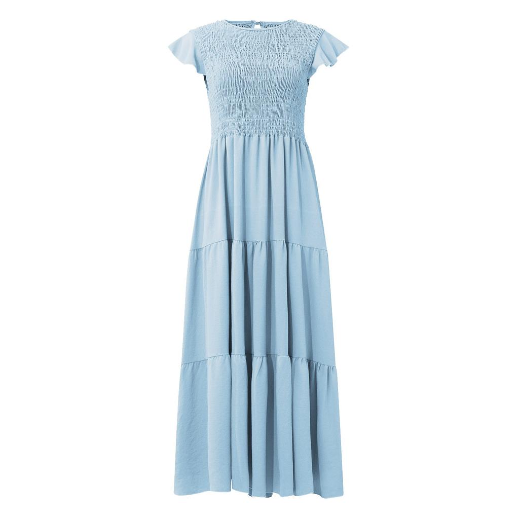 Mode Damen Freizeitkleid Mittellang Boho Schmetterlingsärmel A-Linie Langes Kleid