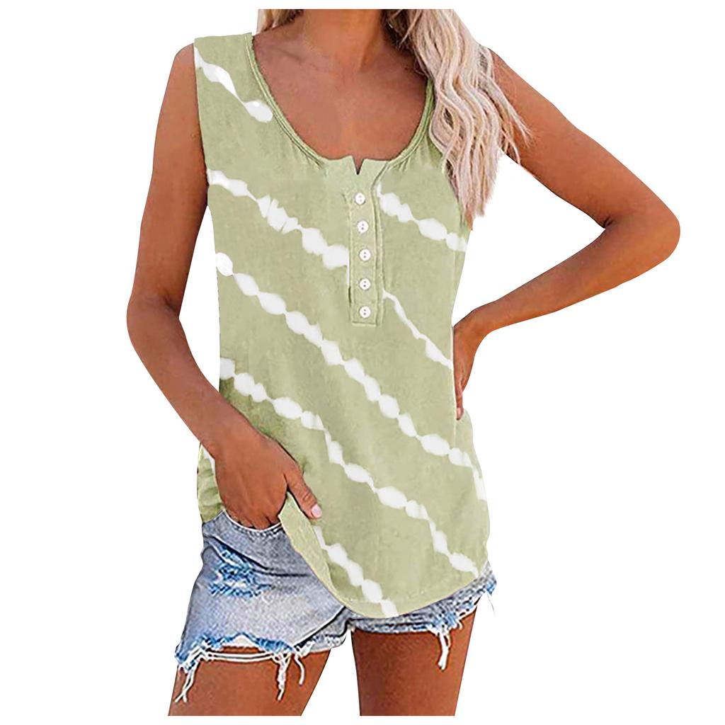 Women Sleeveless Button Front Tank Top Casual Round Neck Striped Printed Summer Blouse Lightweight Loose Fit Shirt