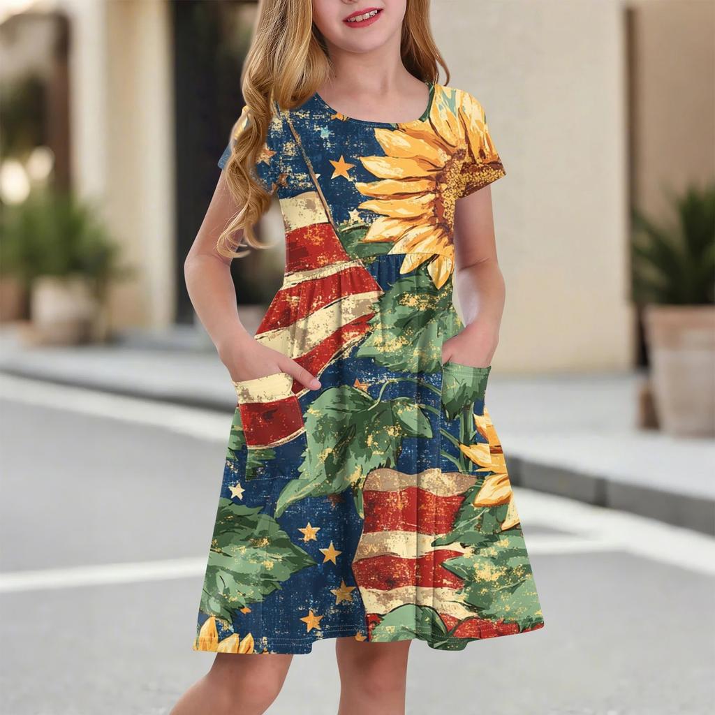 Children's Round-Neck Short-Sleeved Princess Dress Fashionable And Casual Pocket Girl Independence Day Dress