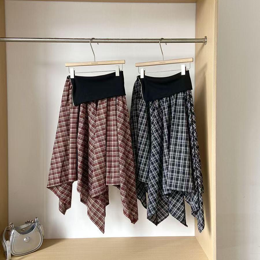 Korean Style Plaid A-line High Waist Skirt - Summer Slimming Mid-length