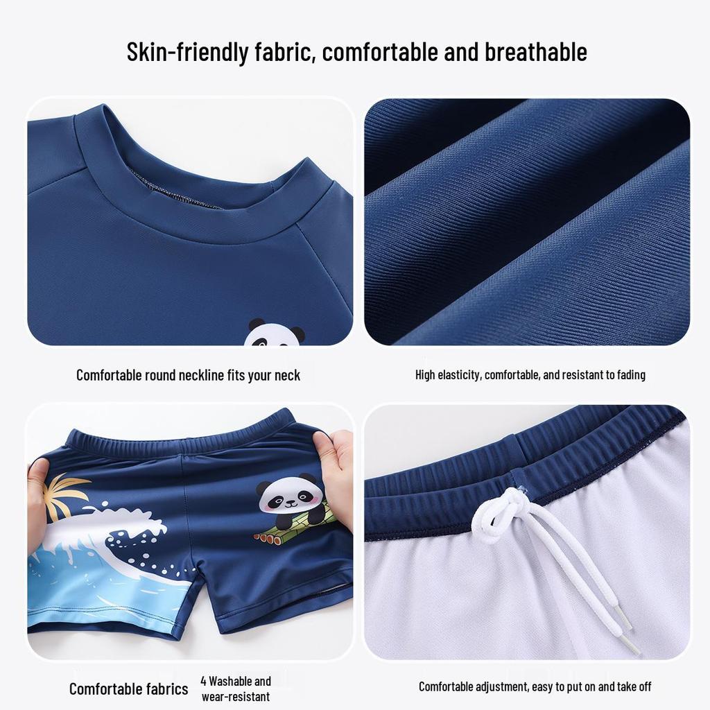 Boys' Cartoon Panda Two-Piece Swimwear Set with Cap