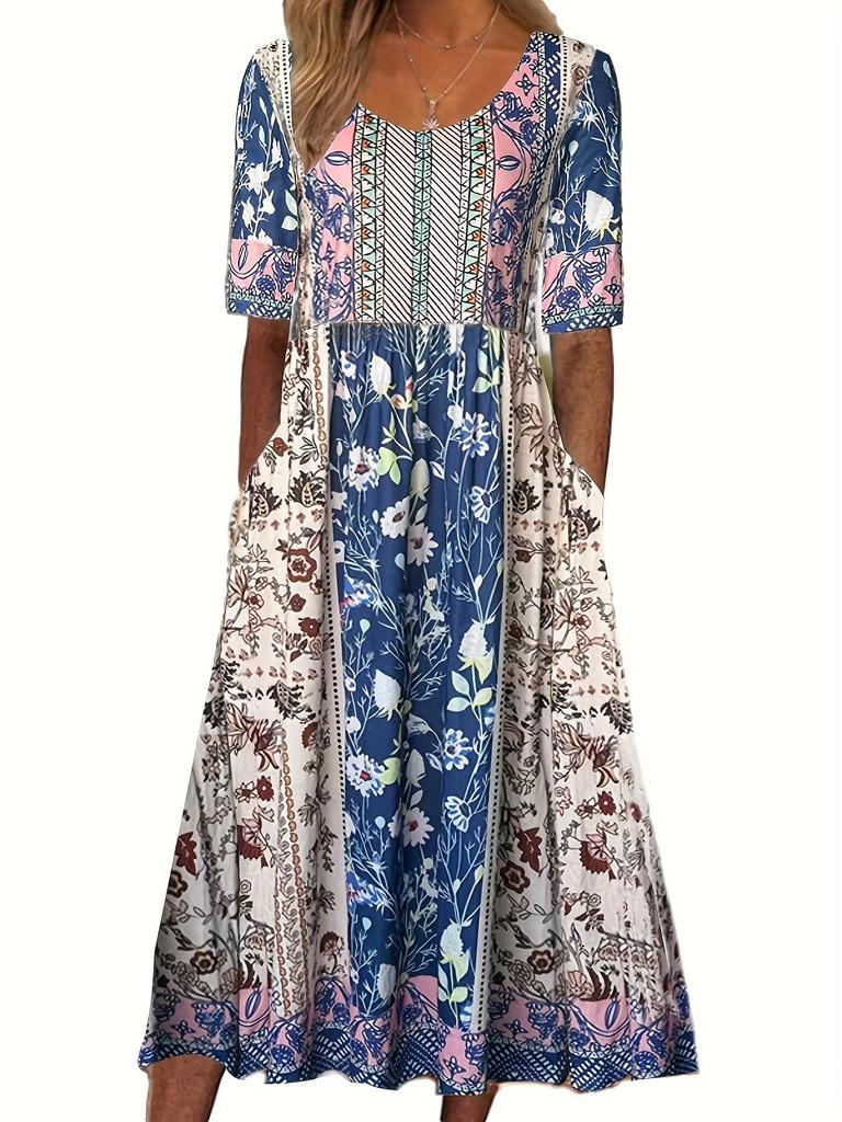 2024 Summer Bohemian Print Women's Maxi Dress with Round Neck and Short Sleeves