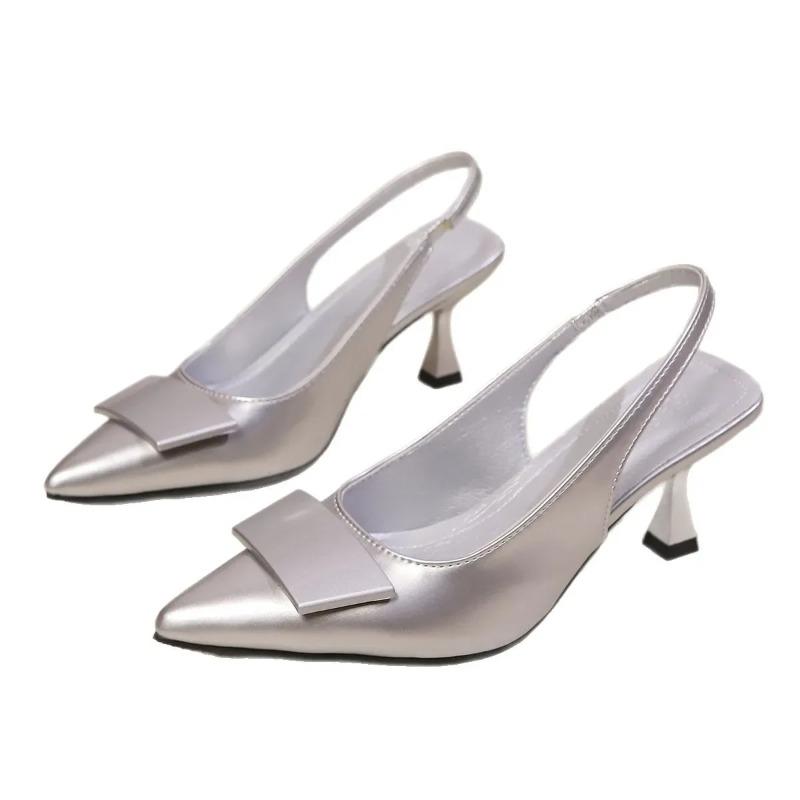 Women's Sandals Covering Toe High Heels Summer Pointed Toe Back Hollow Elegant Silver Color Ladies Shoes Rubber Sole
