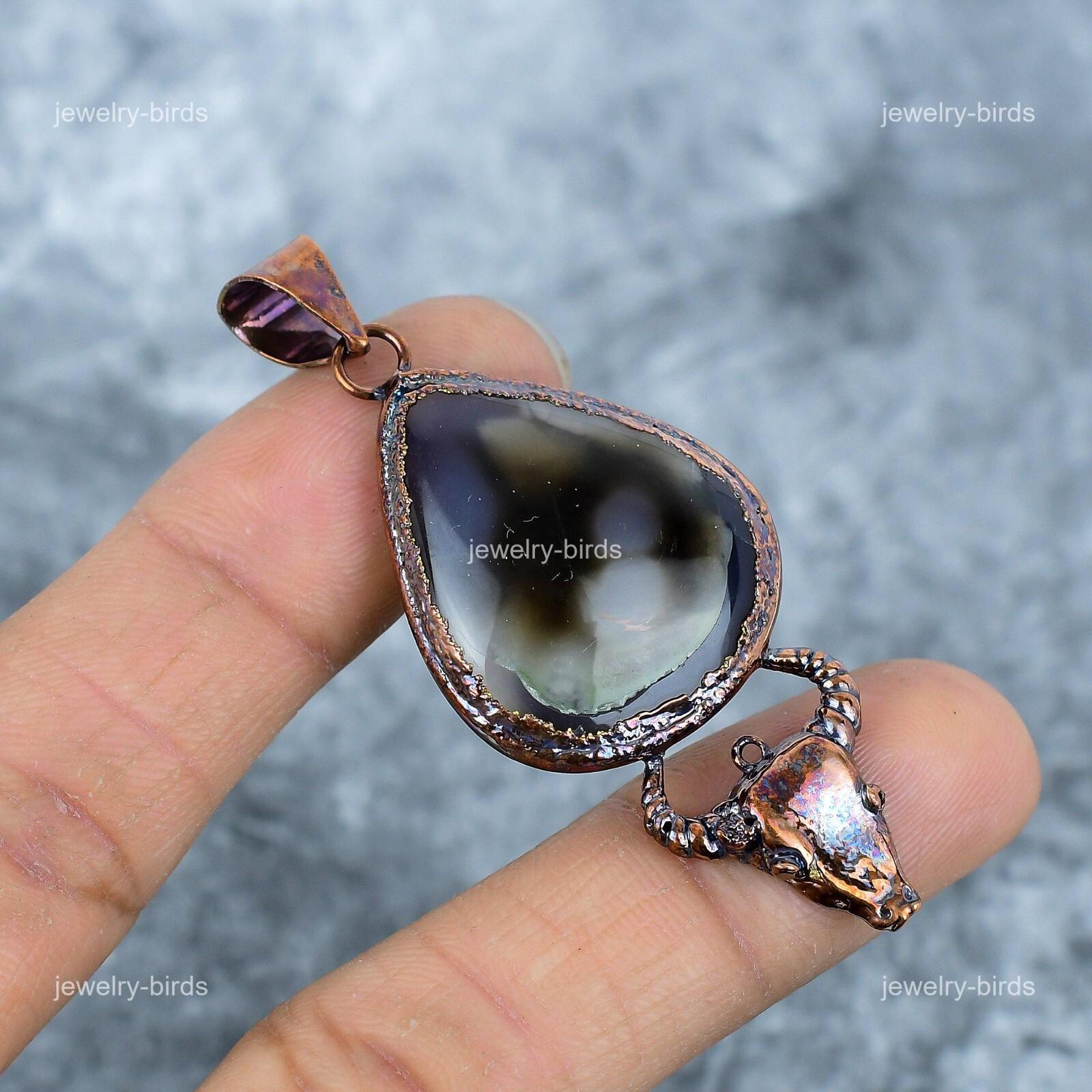 

Pear Natural Black Obsidian Copper Birthday Wedding Gift Electroformed Pendant VP-20