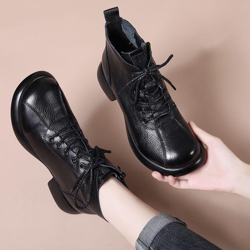 Brand Retro Black Brown Split Leather boots Woman Casual Lace Up Winter Snow Boots Non-slip Rubber Booties Ladies Ankle Botas