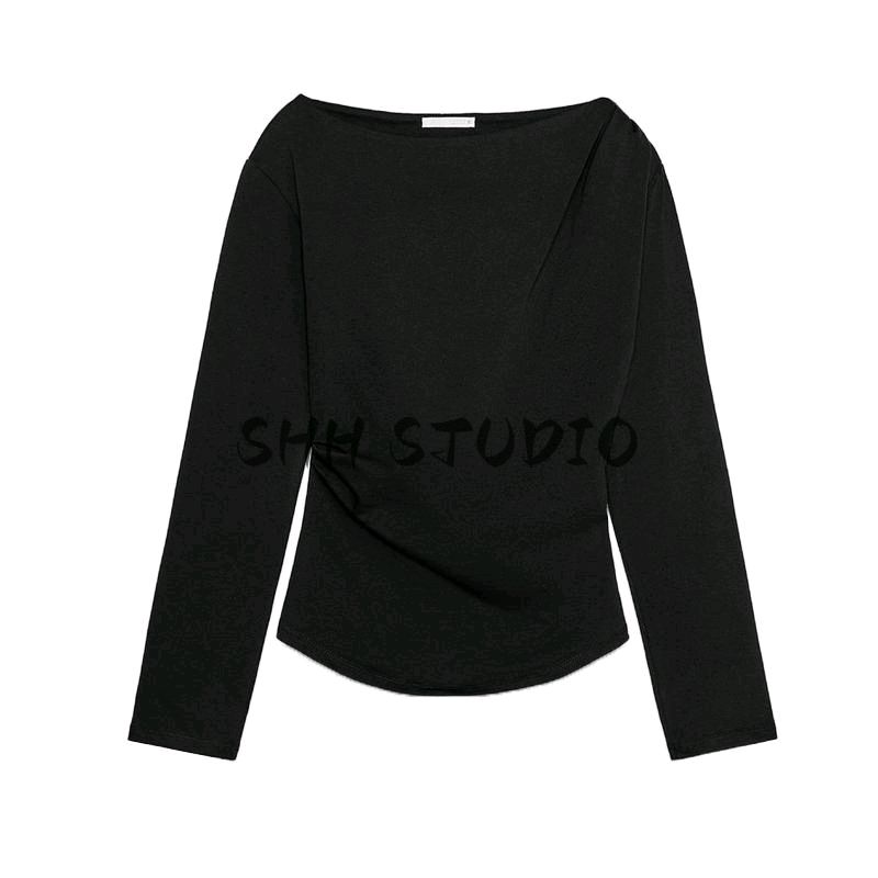 Spring New Women Clothes Gyaru Wind Boat Collar Side Pleat Decorative Long Sleeves Shirt Bottoming Shirt 1198160