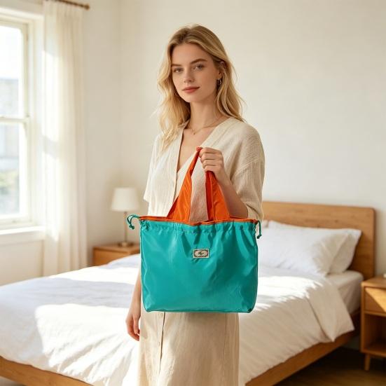 Foldable Shopping Bag Reusable Drawstring Grocery Bag Eco-Friendly Portable Tote Washable Nylon Shoulder Bag for Vegetables Fruits And Small Items