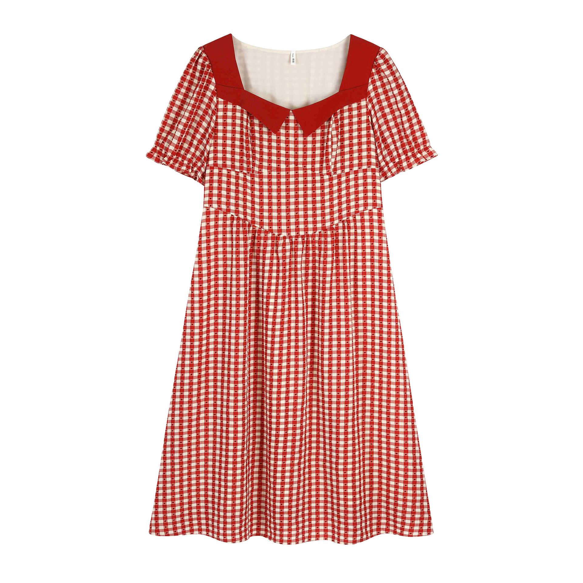 

Plus Size Women s French Plaid Square Neck Slimming Dress - Summer Belly Covering Long Skirt 4XL (180-200 jin)