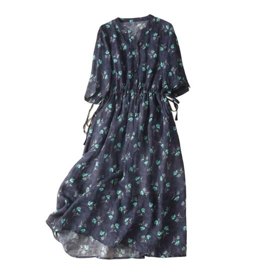 

Льняное платье трапециевидной формы с v-образным вырезом, легкое шикарное женское базовое платье миди в стиле ретро с цветочным принтом, женская одежда 2XL светло-синий