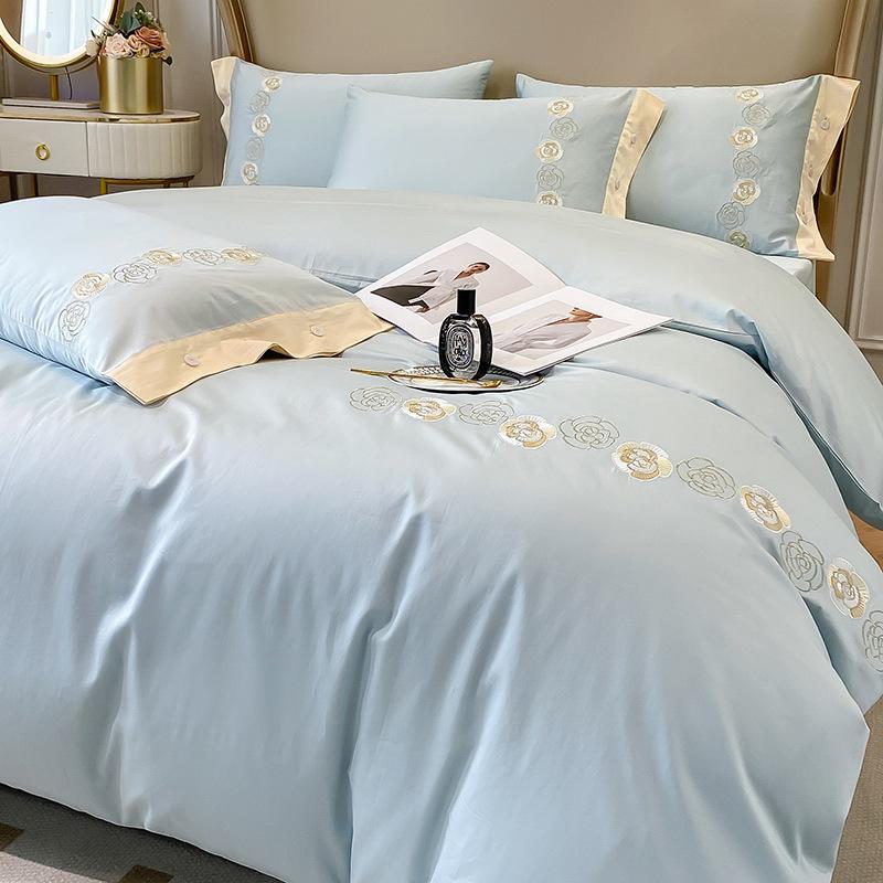 Light Luxury 60-Count Long-Staple Cotton Bedding Set: Solid Color Embroidered 4-Piece (Bed Sheet & Quilt Cover) Pure Cotton.