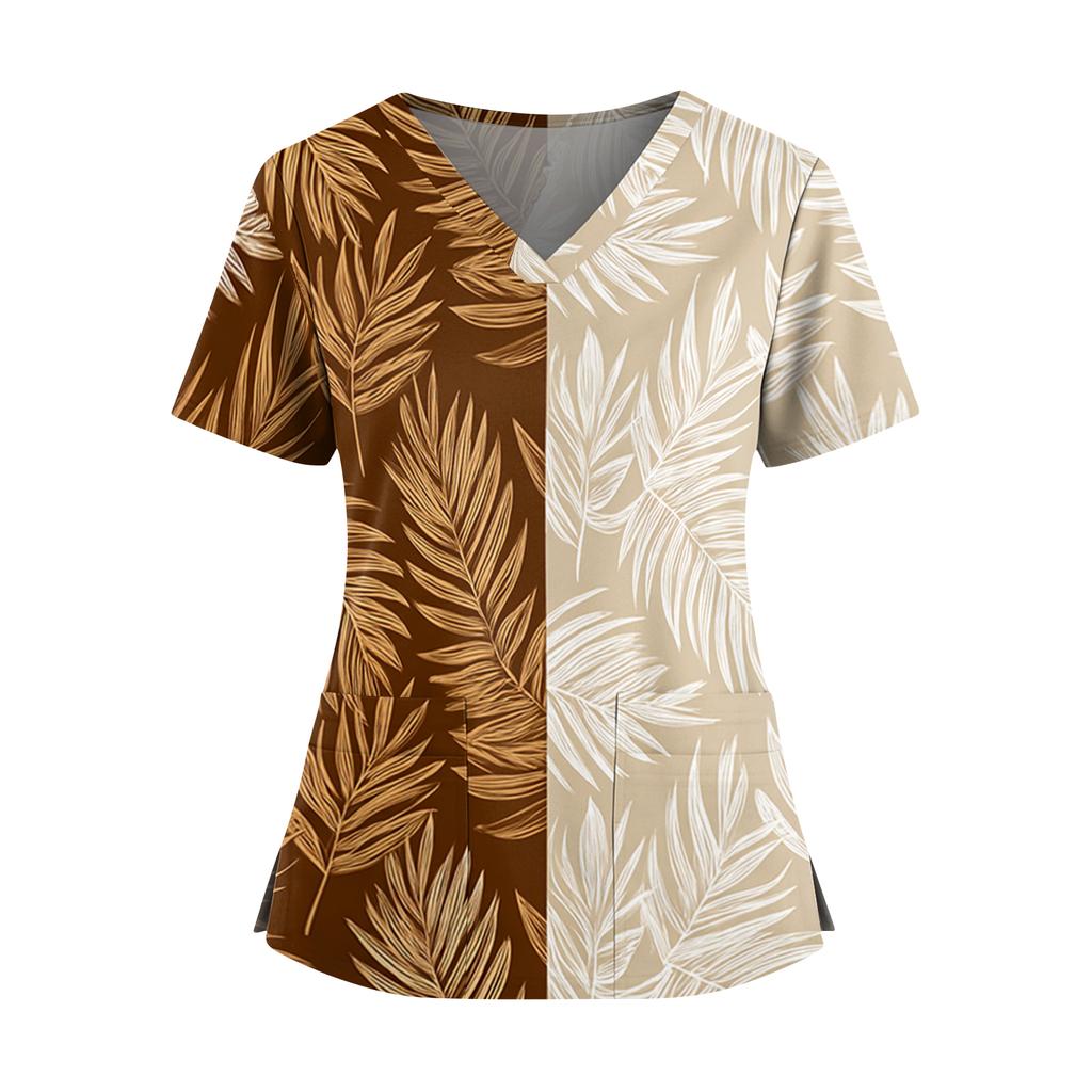 Women's Hawaiian Print V-Neck Double Pocket Short Sleeve Uniform/ Top