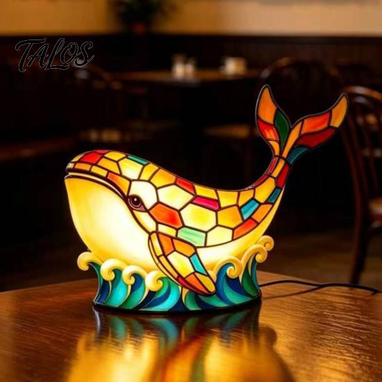 Kids Room Night Light Stained Glass Whale Light, USB Multicolor Table Lamp, Bedroom Ambiance Decorative LED Desk for Home Office Lamp