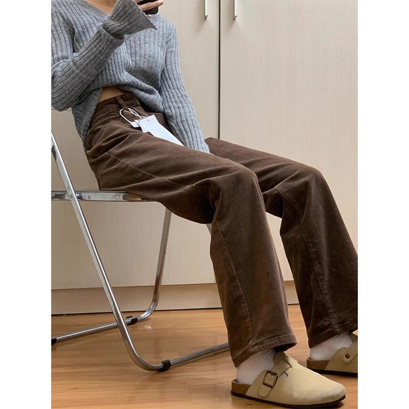 Women s High-Waisted Coffee Corduroy Wide-Leg Pants - Slimming, Retro, Velvet-Lined, Perfect for Autumn & Winter. L