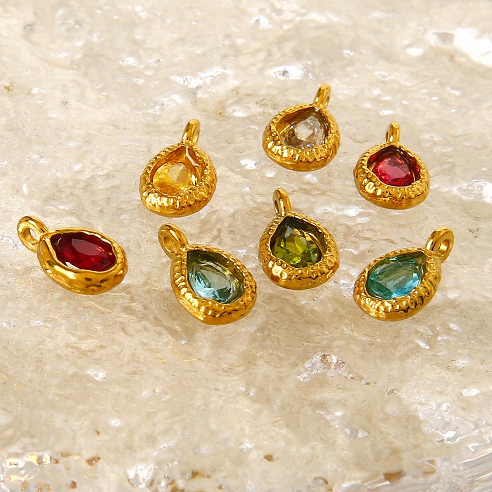 18K Gold-Plated Zircon Water Drop Hammered Pendant - Stainless Steel, Waterproof DIY Jewelry Accessory