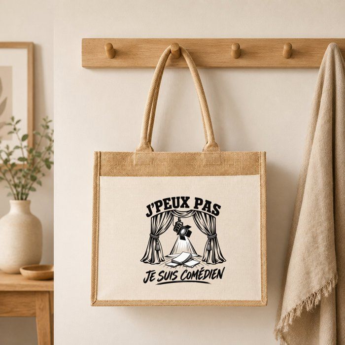 Sac Cabas Jute avec Poche J’peux pas je suis Comédien J'peux pas minimaliste | Toile de Jute et Coton 21 L Fond Plat Anses 65 cm