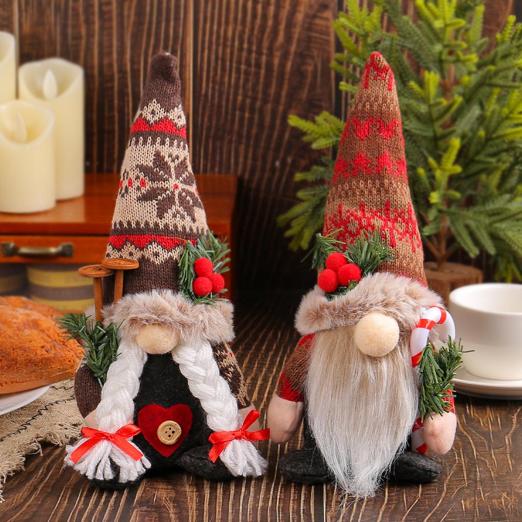 Knitted Pointed Hat Doll Ornament Christmas Creative Holding Cane Rudolf Faceless Doll Decoration Holiday Atmosphere Supplies