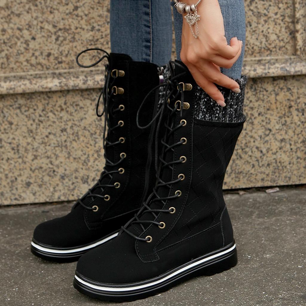 High-quality Winter Warm Boots Women's Winter Side-pull Lace-up Knitted Mid-tube Boots Low-heeled Round-toe Boots Botas De Muje