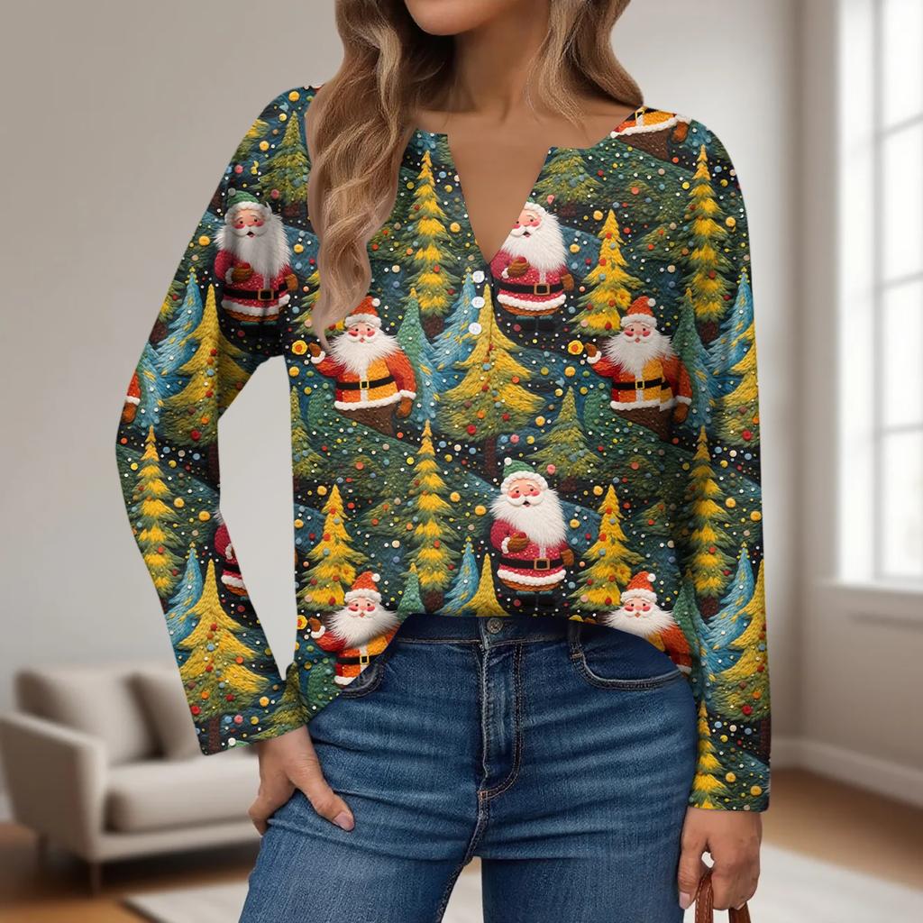 Women's Fashion Casual V-Neck Button-Up Long-Sleeve T-Shirt With Christmas Print Top