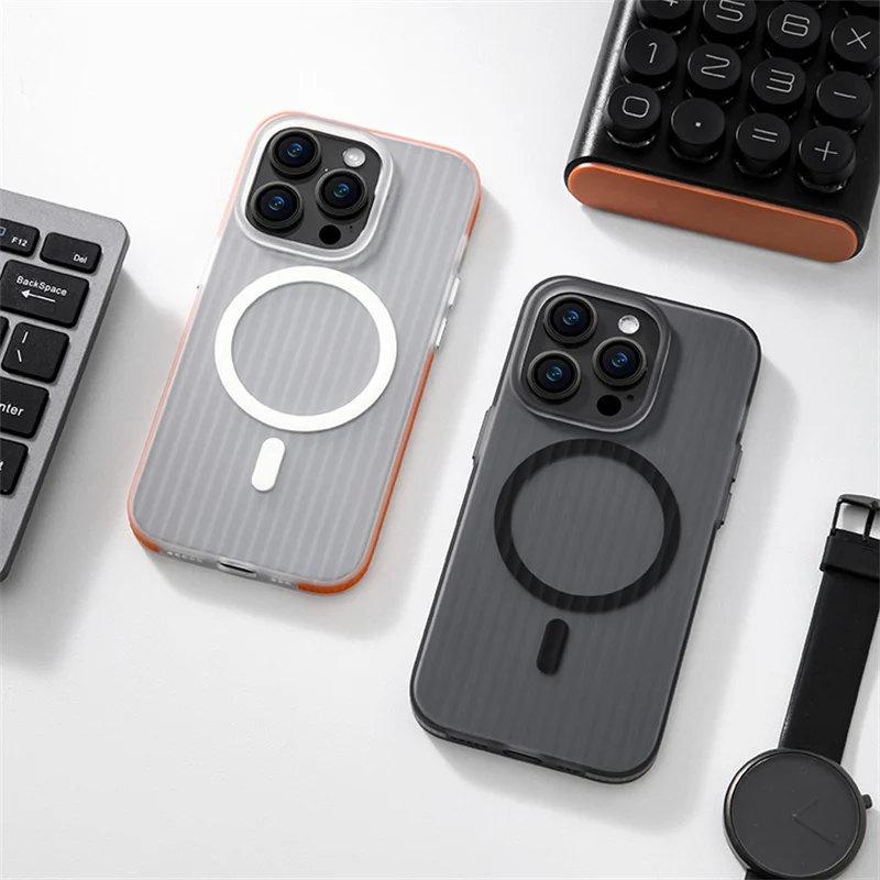 Geometrische Streifen Kabelloses Laden Magsafe-Hülle für iPhone 13 14pro 16 15Pro 14pro max Scrub Anti-Fall-Stoßfänger iPhone 16-Abdeckung