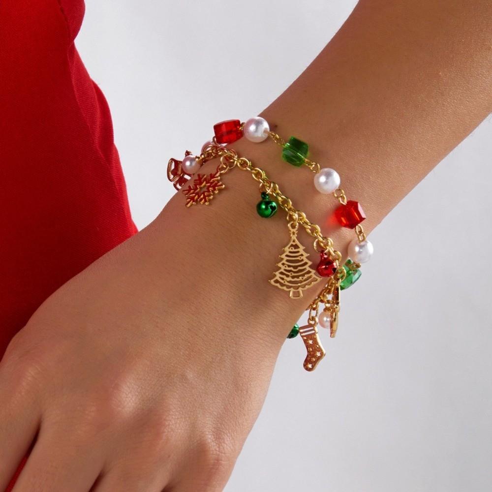 Red Green Christmas Beaded Bracelet Faux Pearls Holiday Wrist Band  Charm Lovers