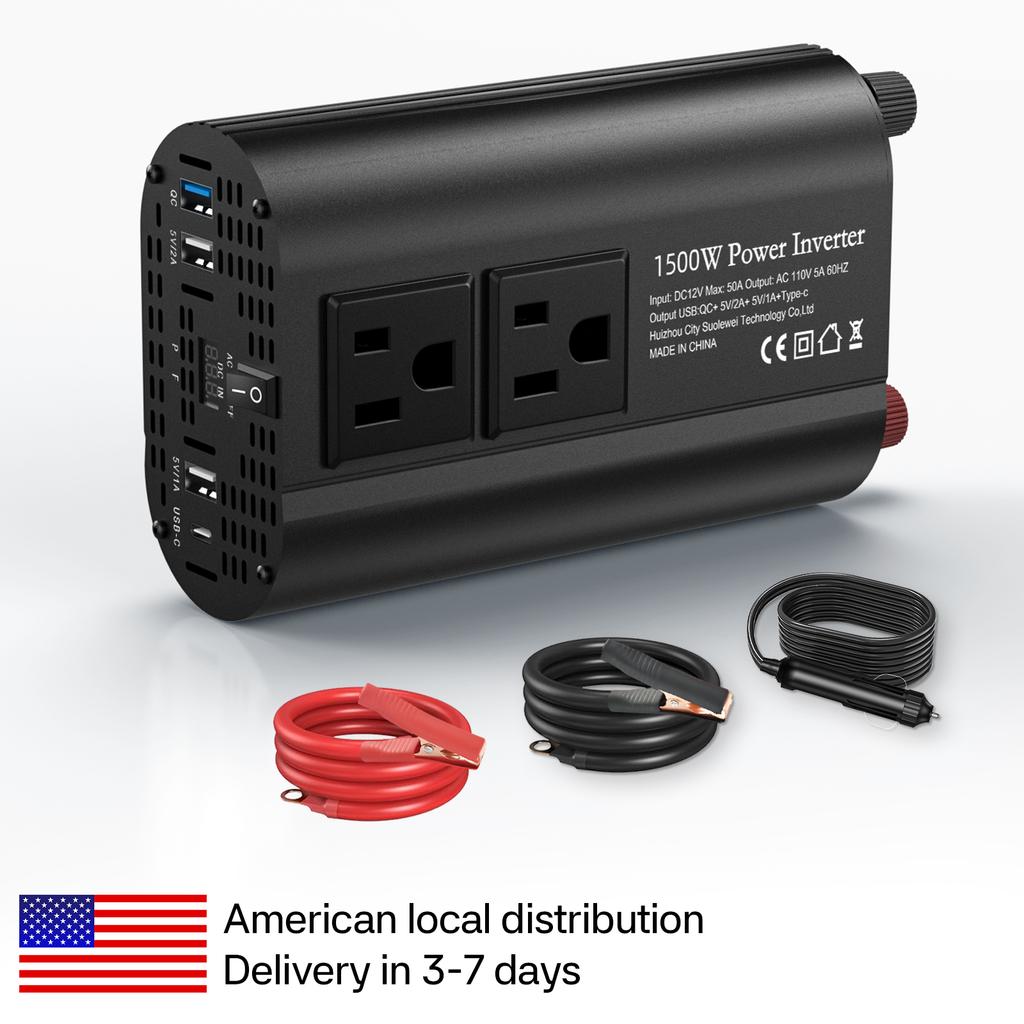 1500W Solar Inverter with LCD display,DC 12V To AC 110V  USB Type-C Portable Power Bank, Car Converter Vehicle-mounted Inverter