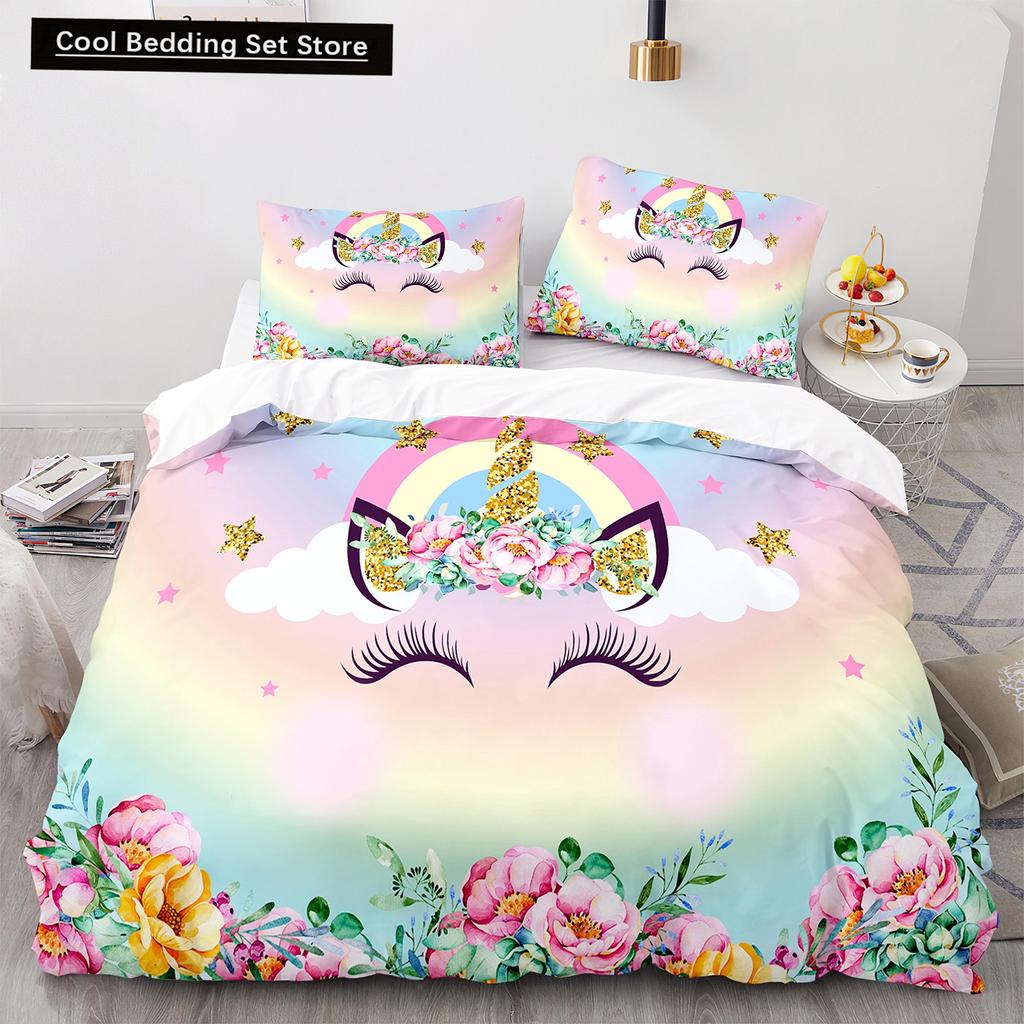 Einhorn-Bettwäsche-Set (King- und Queensize) mit Märchenmotiven und magischen Tieren für Kinder (Jungen und Mädchen) – Sternenuniversum – Polyester-Bettbezug