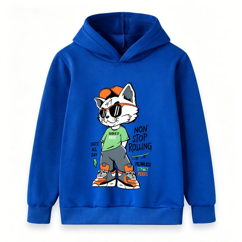 Kids Boys Girls Pullover Hoodie, Cool Hip Hop Cat Cartoon Printed Casual Hooded Sweatshirt, Non Stop Rolling Street Style Comfortable Hoody for Childr