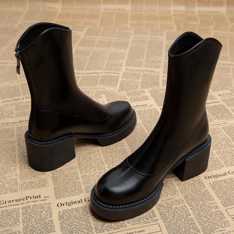 Fashion Women's Chunky Heeled Pu Leather Ankle Boots Women Autumn New Thick Sole Brown Boots Female Fashion Anti Slip Platform Booties