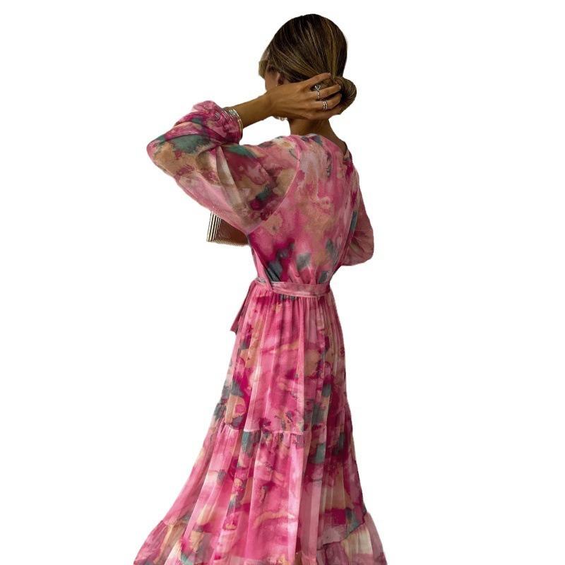 Trendiges, elegantes und raffiniertes Schnür-Patchwork-Chiffonkleid mit voller Rockpartie