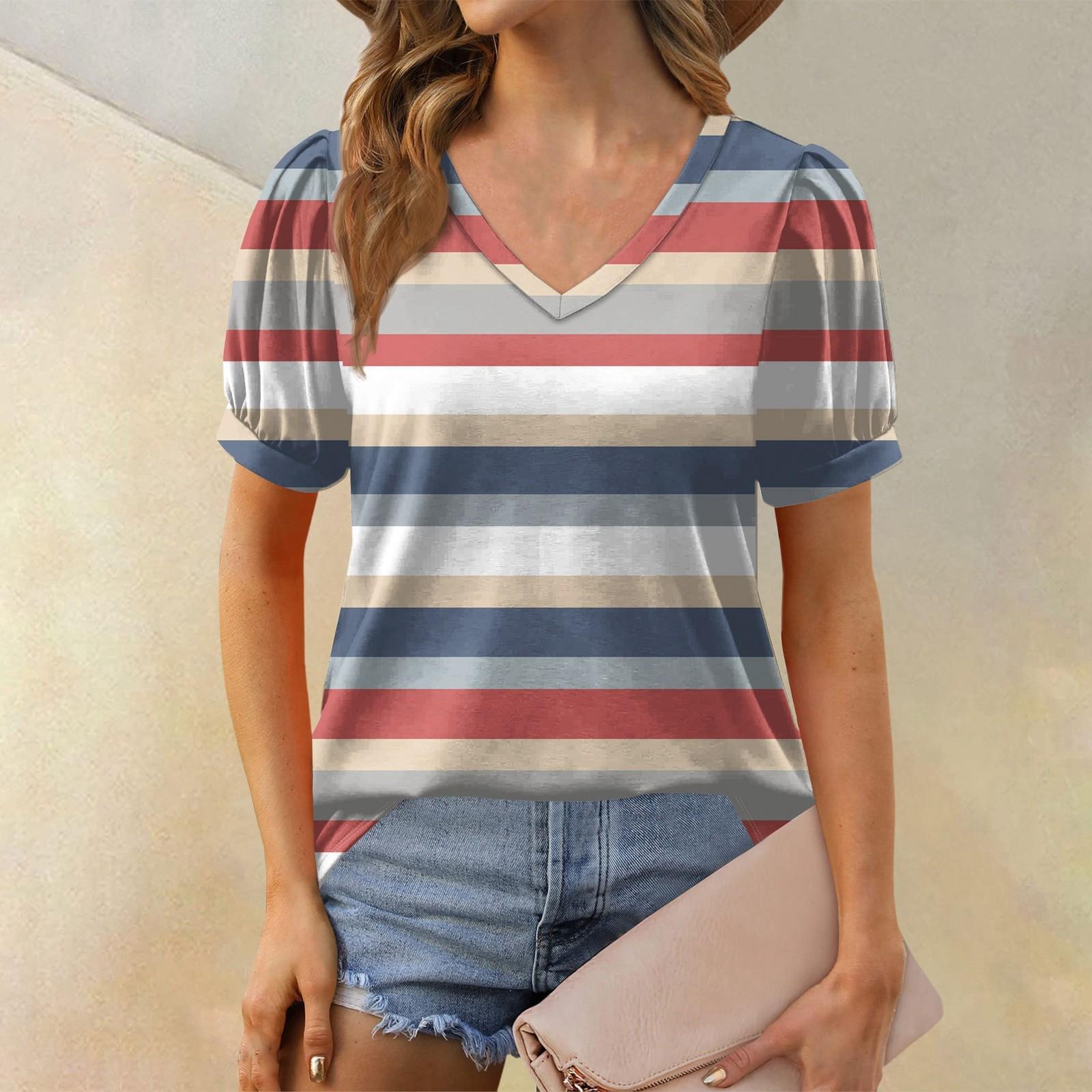 

Women s Fashion Striped Printed Top Puff Short Sleeve V-neck T-shirt Loose Casual T-shirt XL кавун червоний колір