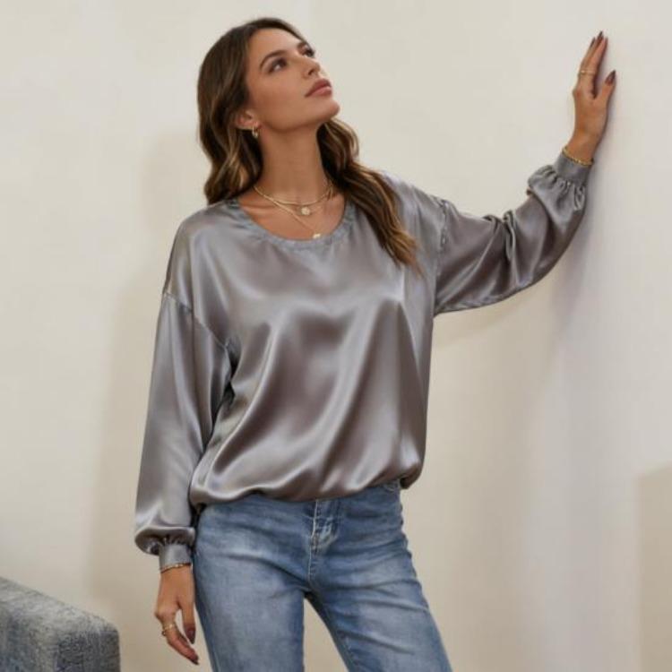 Women Long Sleeve Blouse Solid Color Round Neck Loose Fit Tops Casual Wear for Work Party Date