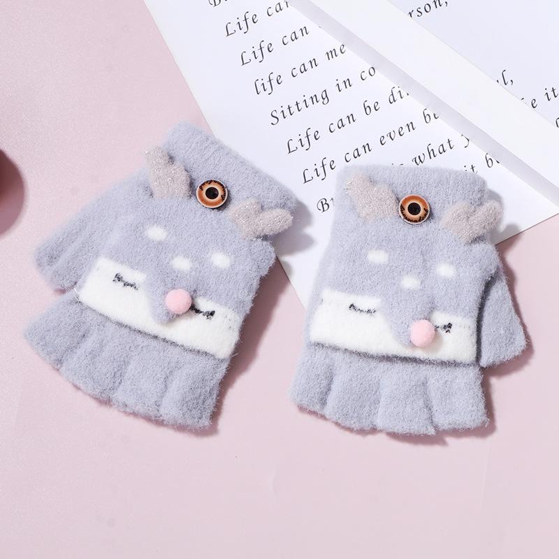 Winter knitted flip half-finger gloves jacquard deer imitation mink cover gloves baby warm back cover gloves