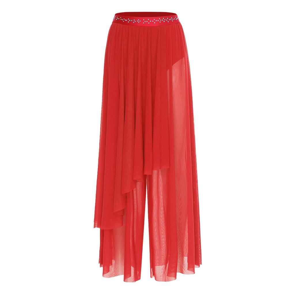 Damen Lyrical Dance Netzhose Glänzender Bund Weites Bein Unregelmäßige Überlagerung Eingearbeiteter Slip Zeitgenössische Tanzkleidung Unten