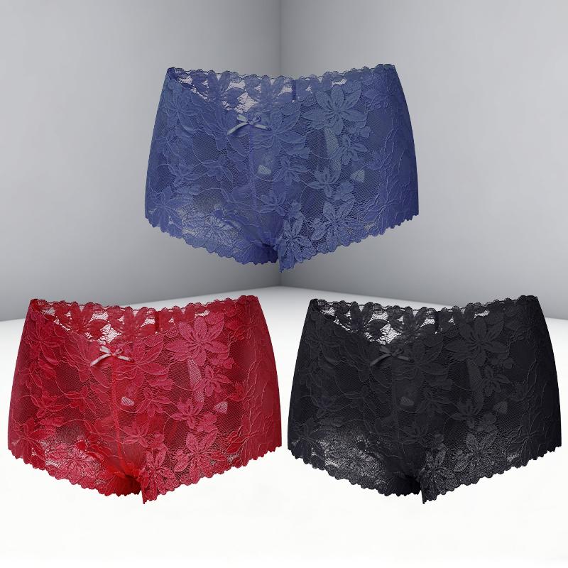 FINETOO 3Pcs Women's Sexy Lace Floral Perspective Boyshorts Solid Color Hollow Out Boxer Panties Female Breathable Transparent Lingerie