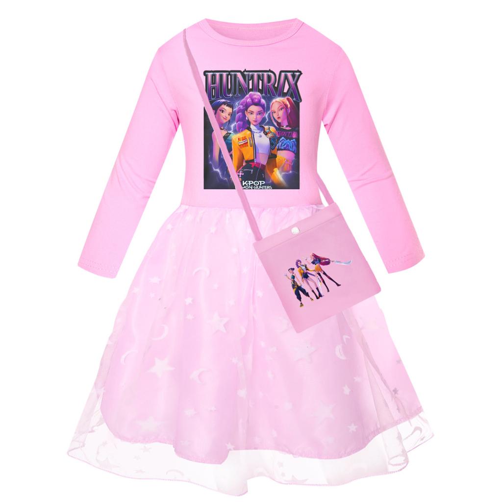 Girls' Star-Print Skirt Round-Neck Long-Sleeve Colorful Lace Patchwork Dress