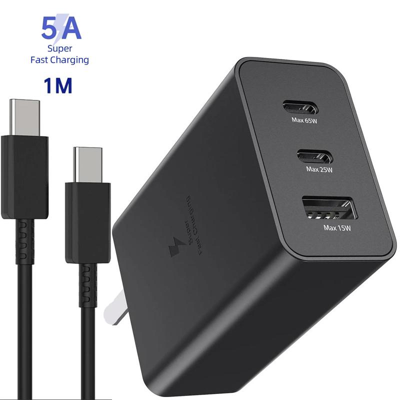 

Адаптер GaN 65 Вт 3-портовое настенное зарядное устройство для Galaxy A56 A36 A26 A16 A06 S25 S24 S23 S22 S22 Ultra/S22+/S21 Ultra/S20 Ultra/Note 20/Z Fold 3/ноутбуки EU чёрный