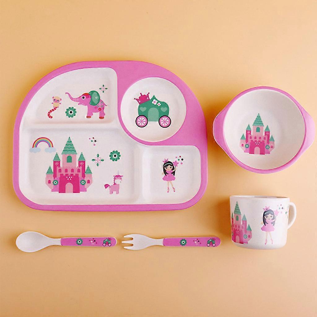 5 Piece Toddler Kids Bamboo Dinnerware Set Cartoon Animal Food Plate Feeding Dishes Bowl Spoon Fork Cup Tableware Baby Shower Gifts Multicolor