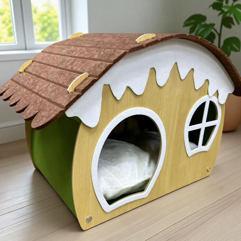Thickened Warm Closed Wooden Felt Cat House Indoor Security Sleeping Cat Nest