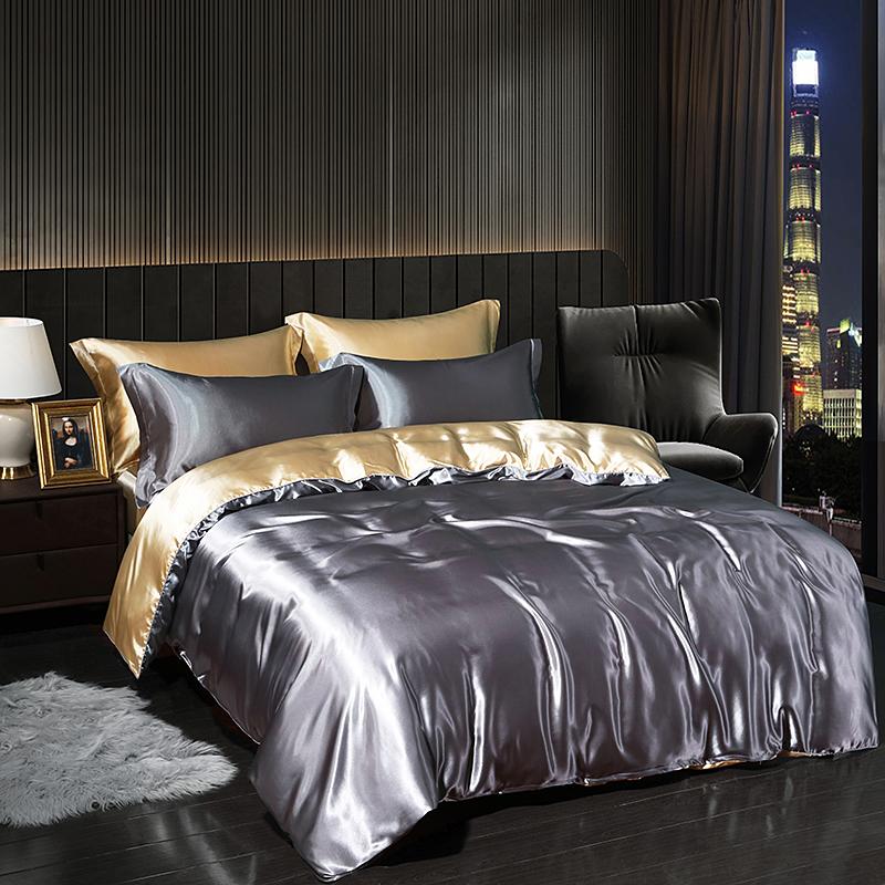 Luxury Satin Bedding Set with Flat Sheet Duvet Cover High End Bedding Set High Density Satin Solid Color Bedding